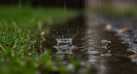 A close up shot of a water droplet splashing into a puddle surrounded by green grass and small sprouts