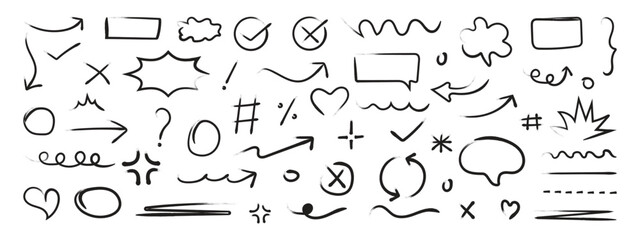 Line marker hand drawn brush arrow element set. Hand drawn sketch doodle style arrow, cross, heart, cloud, chat box, star with marker stroke pencil highlight. Vector illustration