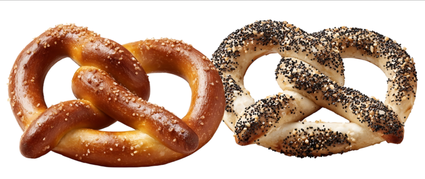 Two different types of pretzels one with multiple strands and the other covered in black salt or white dusting isolated on transparent background
