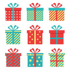 Nine Colorful Gift Boxes Arranged in a Grid with Festive Ribbons and Patterns