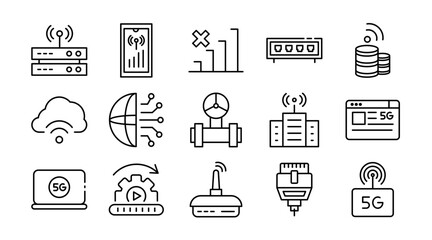 Wireless and network linear icon collection. Connectivity, Wi-Fi, signals, communication, internet, data transfer, routers, devices, technology, online, vector outline icon set.