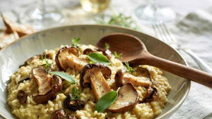 Creamy risotto with sautГ&copy;ed mushrooms and fresh sage garnish served in elegant ceramic bowl with wooden spoon