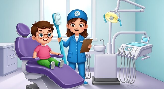 Cartoon Dentist with Young Patient in Clinic Illustration for Childrens Healthcare and Dental Hygiene Education and Pediatric Dentistry Services with Dental Equipment - Powered by Adobe