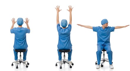 Three Views of a Healthcare Worker Demonstrating Stretching Exercises in Blue Scrubs Promoting Wellness and Physical Health for Medical Professionals