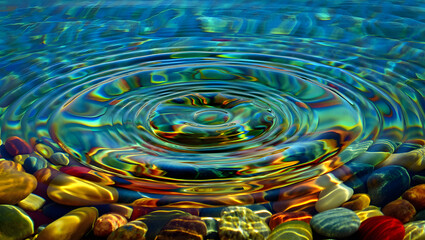 Captivating water ripples create mesmerizing patterns above colorful stones, reflecting light in a dance of natures beauty and tranquility