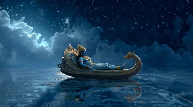 Cinematic portrait of Lord Vishnu reclining on the cosmic serpent Shesha in the milky ocean, with Goddess Lakshmi at his feet, serene and celestial scene.
