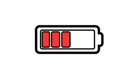 Illustration of a battery icon with three red bars indicating a low charge level on a white background ai generated