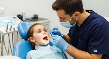 Child undergoing dental checkup by dentist in clinic with modern equipment promoting pediatric dentistry and oral hygiene for healthy smiles
