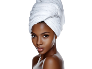 Portrait of a beautiful Black woman with a towel on her head and wrapped in white towels after a spa treatment isolated against a white background Real photo