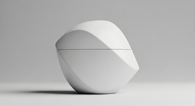 A modern, white container, possibly for beauty products, with a geometric, slightly asymmetrical design. Its clean aesthetic and soft shadows suggest a focus on minimalist packaging.

