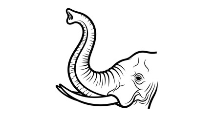 Elephant Head Line Art with Raised Trunk and Tusks.