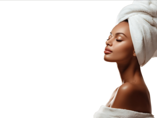 A portrait of an African American woman with her eyes closed wearing a white towel on her head and wrapped in a soft fabric over her shoulders isolated again