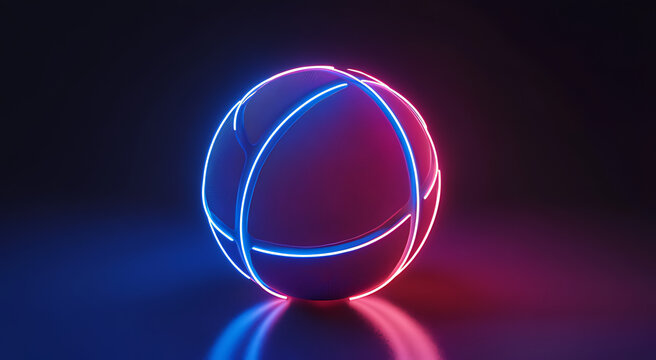 3D render of a glowing neon basketball on a dark