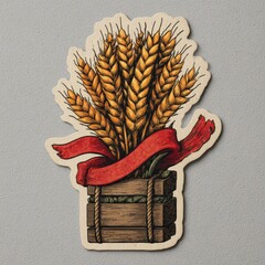 Golden Wheat Stalks in Crate with Red Ribbon