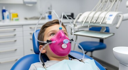 Child undergoing dental procedure with nitrous oxide sedation mask in a modern clinic setting conveying pediatric dentistry and healthcare solutions