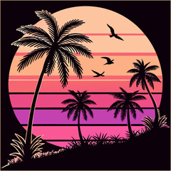 Summer tropical sale banner with palm tree silhouette and gradient background.