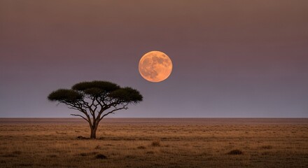 Iconic African safari landscape of a lone acacia tree on the Serengeti savanna under a huge, rising orange full moon at twilight. Serene and wild nature background
