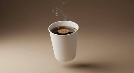 A steaming cup of black coffee in a white paper cup, casting a shadow on a brown surface.