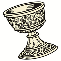 Ornate celtic chalice with intricate knotwork and floral patterns in a vintage illustration style