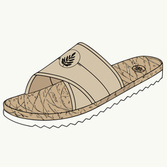 Stylish tan slide sandal with a leaf logo and unique patterned footbed
