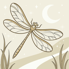 Stylized illustration of a golden dragonfly flying under a crescent moon and stars