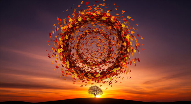 Surreal Tree with Spiral Leaves at Sunset