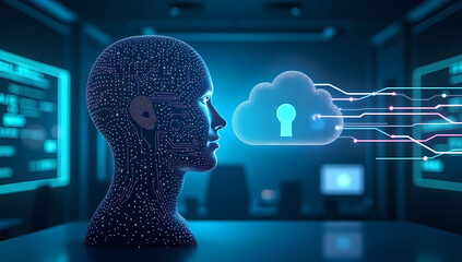 Futuristic AI Cybersecurity Concept – Neon Blue Circuit Head