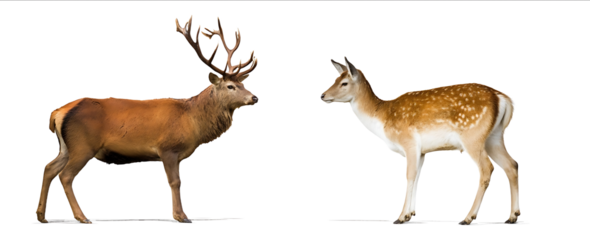 Photograph of a red deer and a fallow deer standing side by side isolated on a white background with a clipping path a fullbody shot taken at a wide angle.jp