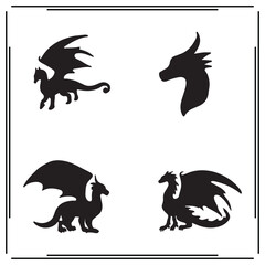 Black Silhouettes of Dragon Figures - Mythical Flying Creatures, Fierce Dragon Heads and Bodies, Fantasy Dragon Icons, Medieval Dragon Design