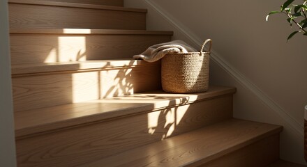 Cozy home interior with a wicker basket and blanket on a wooden staircase bathed in warm morning sunlight. Serene scene with soft shadows, a concept of hygge, home organization, and slow living.
