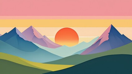 Stylized mountain landscape at sunset with vibrant colors