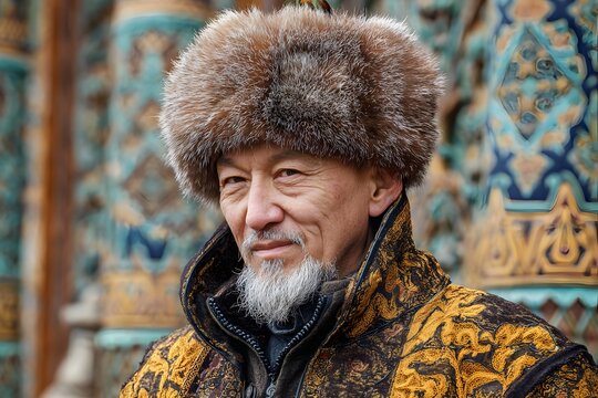 Kazakh man in fur hat and embroidered coat, standing with cultural pride,