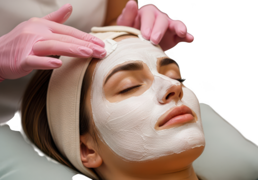 Skincare professional applying a white facial mask to a woman s face isolated on transparent background