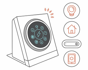 Modern smart home control panel with illuminated icons and associated smart device symbols