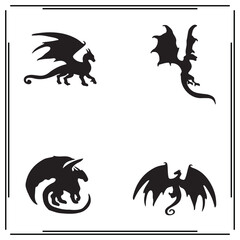 Black Silhouettes of Dragon Figures - Winged Mythical Creature Icons, Fantasy Dragon Designs, Fire-Breathing Dragon Illustrations, Medieval Fantasy Symbols