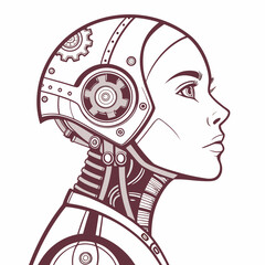 Profile of a human like robot head with visible gears and mechanical neck structure