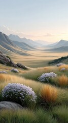 A serene valley landscape with wildflowers, tall grasses, and distant mountains under a soft, pastel sky at sunrise.
