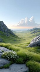 A serene green valley with distant mountains, wildflowers, and a blue sky filled with fluffy clouds.