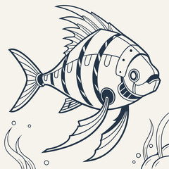 Stylized line art of a mechanical fish with stripes swimming in clear water with seaweed and bubbles