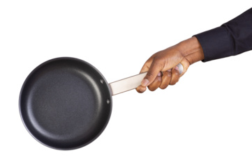 Man holding an empty frying pan isolated on transparent or white background	

