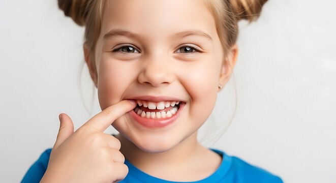 Cute little girl smiling pointing to her missing tooth showcasing her dental development and highlighting the concept of childhood dental care and the natural process of losing baby teeth