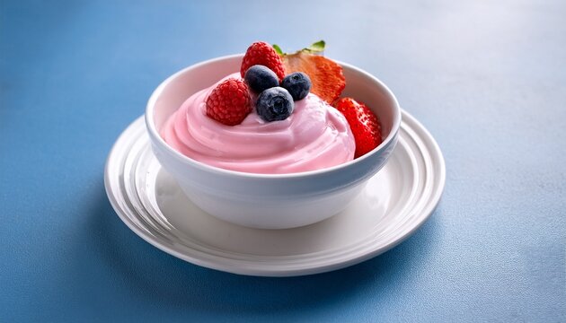 creamy pink frozen yogurt swirled in a white cup topped with fresh strawberries blueberries and raspberries creating a vibrant and delicious summer dessert treat