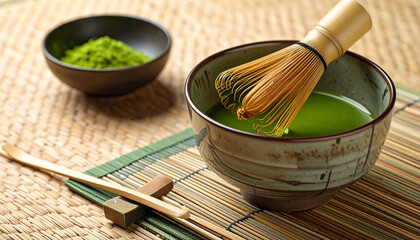Matcha Tea Preparation: Traditional Whisk and Powdered Green Tea Display, Traditional Japanese Matcha Tea Ceremony: Preparing a Vibrant Bowl with Bamboo Whisk