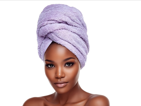 Portrait of a beautiful young Black woman with a towel on her head a spa concept isolated over a white background with copy space for text Stock photo in the