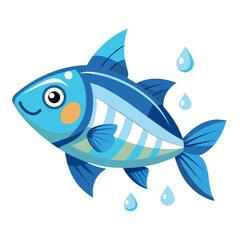 Whimsical blue fish with happy expression swimming joyfully amidst falling water droplets, perfect for children's books and aquatic themes.