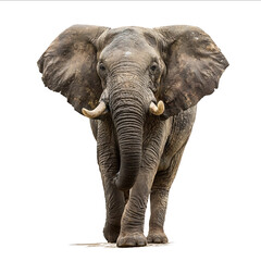 An African elephant standing looking at the camera isolated on a white background with a clipping path Fullbody portrait of an African wildlife animal