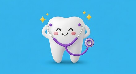 Cute smiling tooth character with stethoscope promoting dental health and regular checkups against a vibrant blue background ideal for childrens dentistry promotions