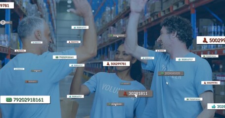 Volunteer trio in logistics center initiating numeric overlays celebrating success with high-fiving - Powered by Adobe