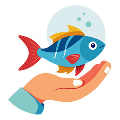 Gentle hand cradles vibrant blue fish with red fins and yellow accents, symbolizing care, protection, and nurturing marine life in a clean, modern aesthetic.