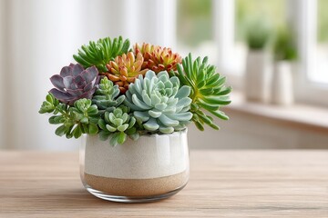 A glass pot filled with colorful succulents sits on a wooden table with a bright, blurred background.